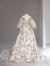 Bubble Sleeves A-line Prom Dresses, Elegant Floral Long Prom Dresses, Popular Wedding Guest Dresses